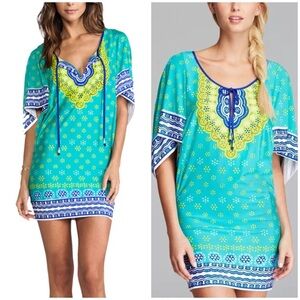 Trina Turk Seychelles Tunic XS Swim Coverup Jungle green blue white bathing suit